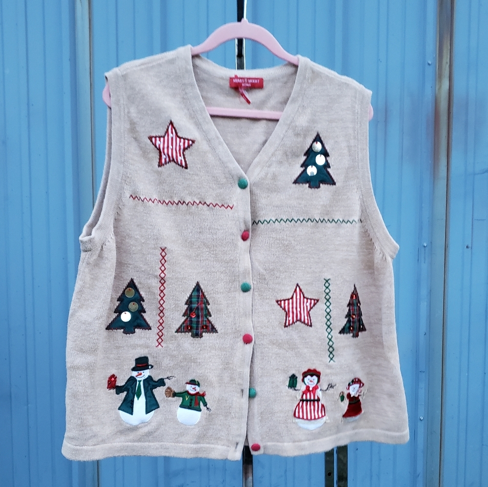 Ugly Christmas Sweater Vest Snowmen Trees Stars